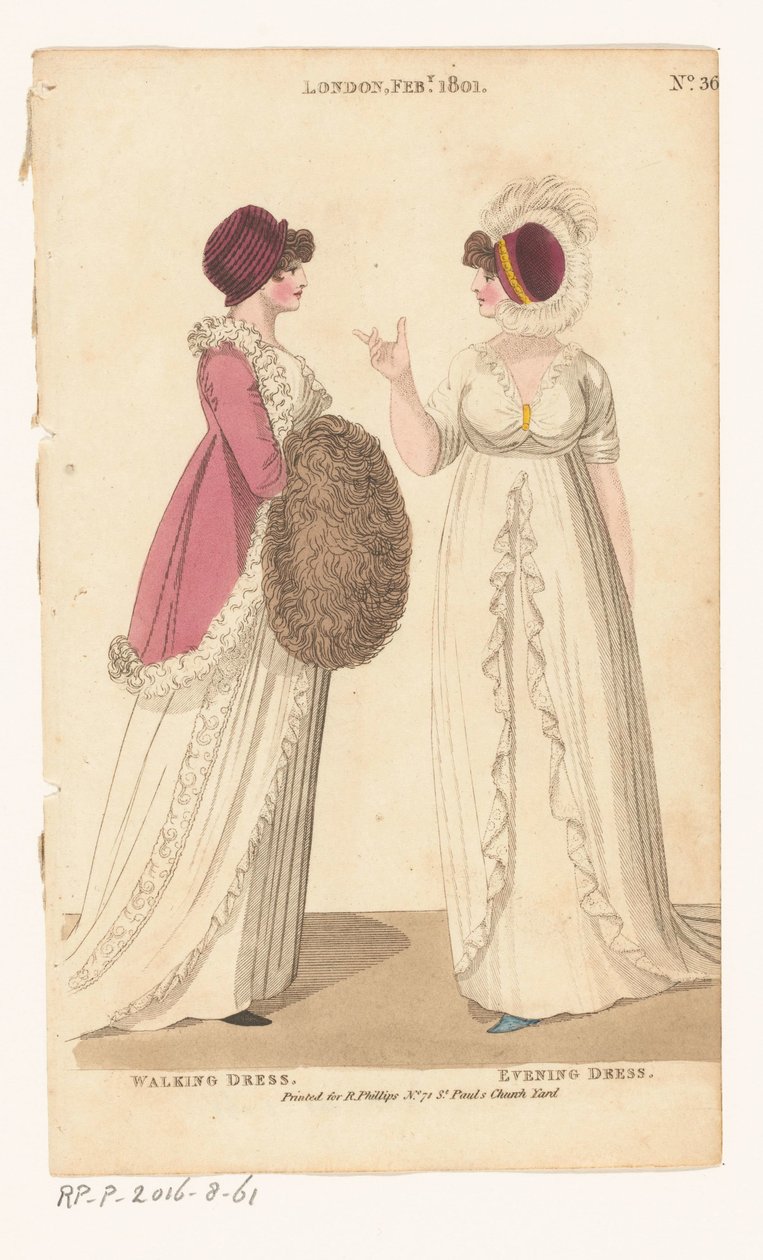 Londra ve Paris Kadın Modası Dergisi. 36. Londra Şubat 1801: Yürüyüş Elbisesi; Gece elbisesi by Richard Phillips