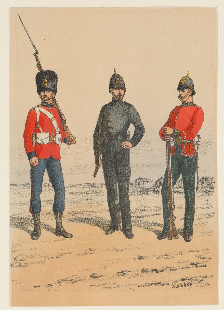 Üç İngiliz askeri İngiliz askeri üniformalarının dokuz temsili (seri başlığı) by Richard Simkin