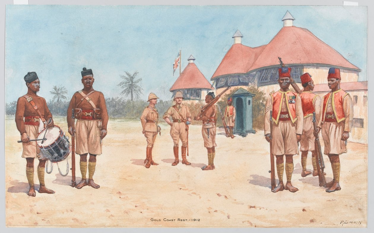 Kumasi'deki alay karargahının dışında Gold Coast Alayı askerleri by Richard Simkin