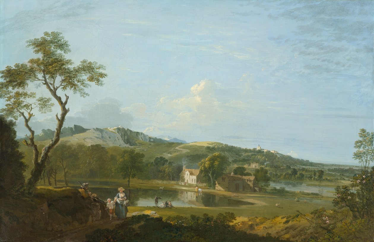 1744-1745 dolaylarında bir Gölün yakınında Kulübeler ile Kapsamlı Bir Manzara (tuval üzerine yağlı boya) by Richard Wilson