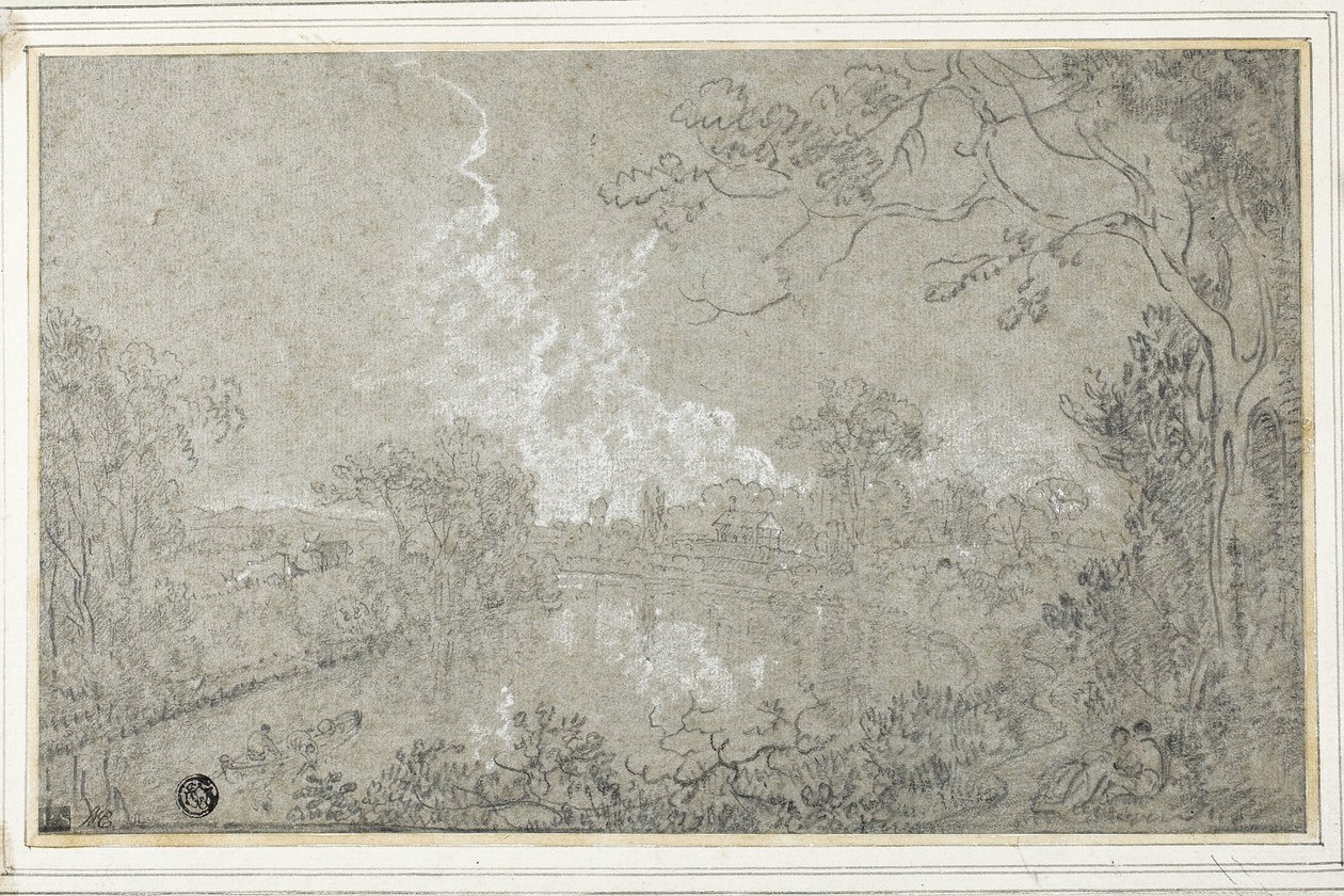 Eaton Hall yakınlarındaki Dee Nehri kıyıları, Cheshire, c.1759 (mavi kağıt üzerine siyah beyaz tebeşir, kart üzerine yerleştirilmiş) by Richard Wilson