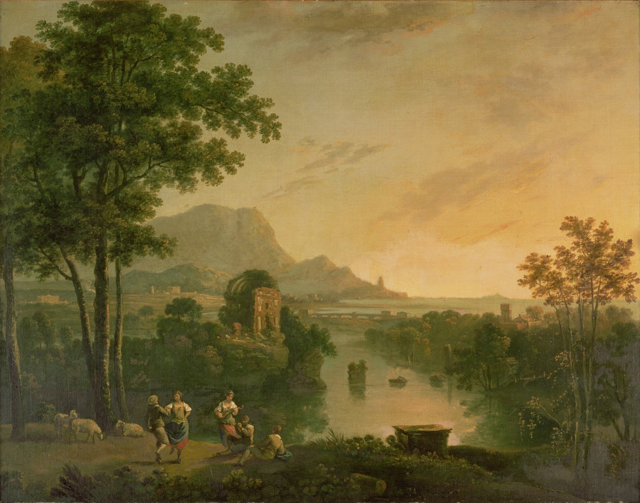 Çobanların ve çoban kızların dans ettiği akşam kıyı manzarası by Richard Wilson