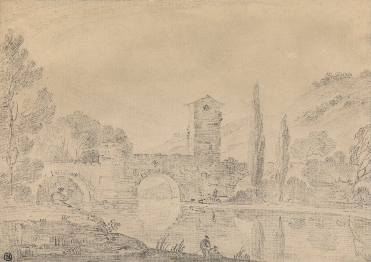 Üç Kemerli Köprü, Köprülü Ev, Kıyı yakınında Figürler ve Uzak Kıyıda Kavaklarla İtalyan Manzarası by Richard Wilson