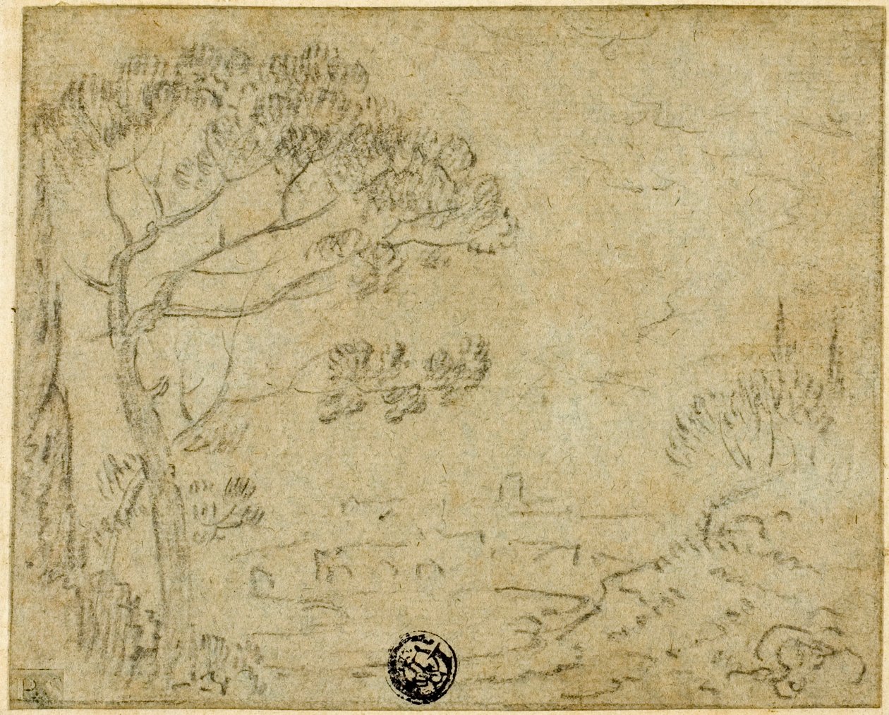 Ön planda şemsiye çamı olan İtalyan manzarası by Richard Wilson
