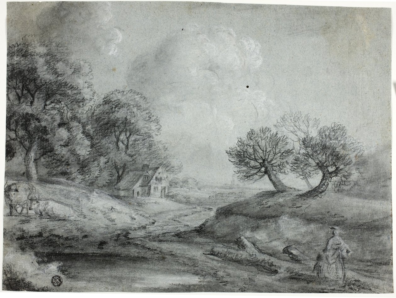 Kadın ve İneklerle Manzara (mavi kağıt üzerine beyaz tebeşirle yükseltilmiş, güdük siyah tebeşir) by Richard Wilson