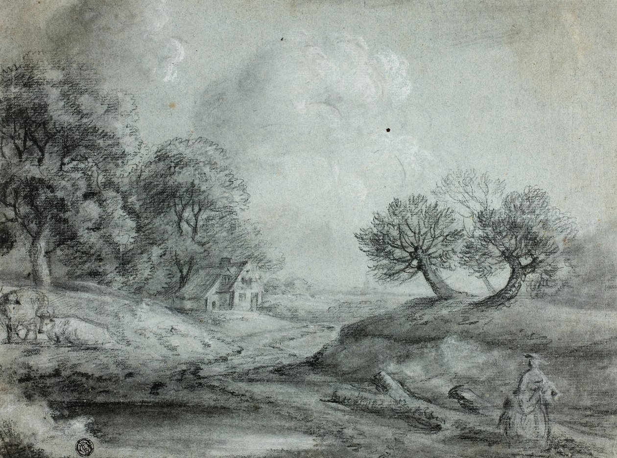 Kadın ve İneklerle Peyzaj (rekto); Bir Manzara Kroki (ters) by Richard Wilson