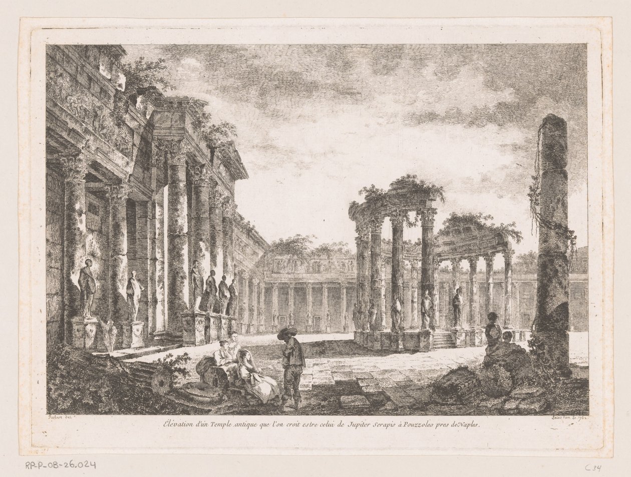 Gezicht op de Tempel van Jupiter Serapis Napoli yakınlarındaki Pozzuoli'de Jüpiter Serapis'e ait olduğuna inanılan antik bir Tapınağın yüksekliği (nesne üzerindeki başlık) by Richard de Saint Non
