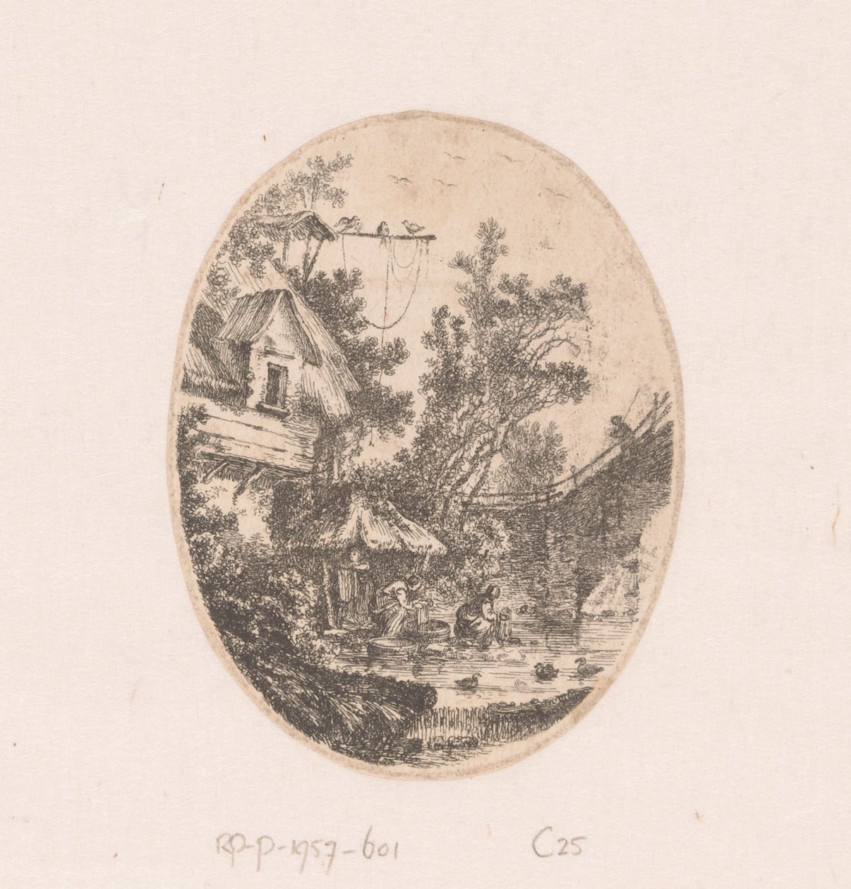 Kadınların çamaşır yıkadığı nehir manzarası Manzaralar, manzaralar, antik parçalar ve tarihi konuların toplanması (seri başlığı) Recueil de griffonis, de vues, paysages, fragmanlar antikalar ve sujets historiques (seri başlığı) by Richard de Saint Non