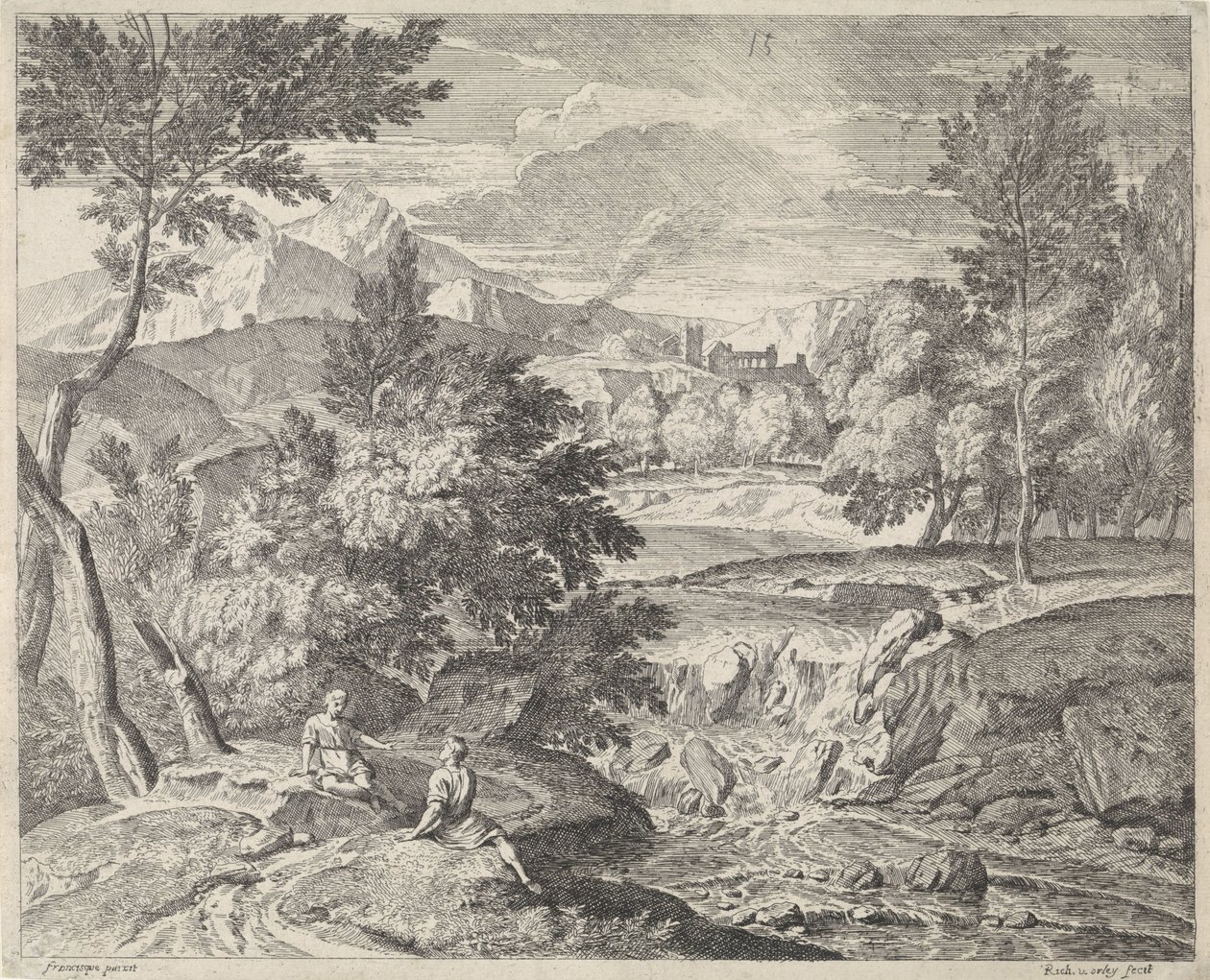 Bir şelalenin yanında iki figürlü Arcadian manzarası by Richard van Orley (II)