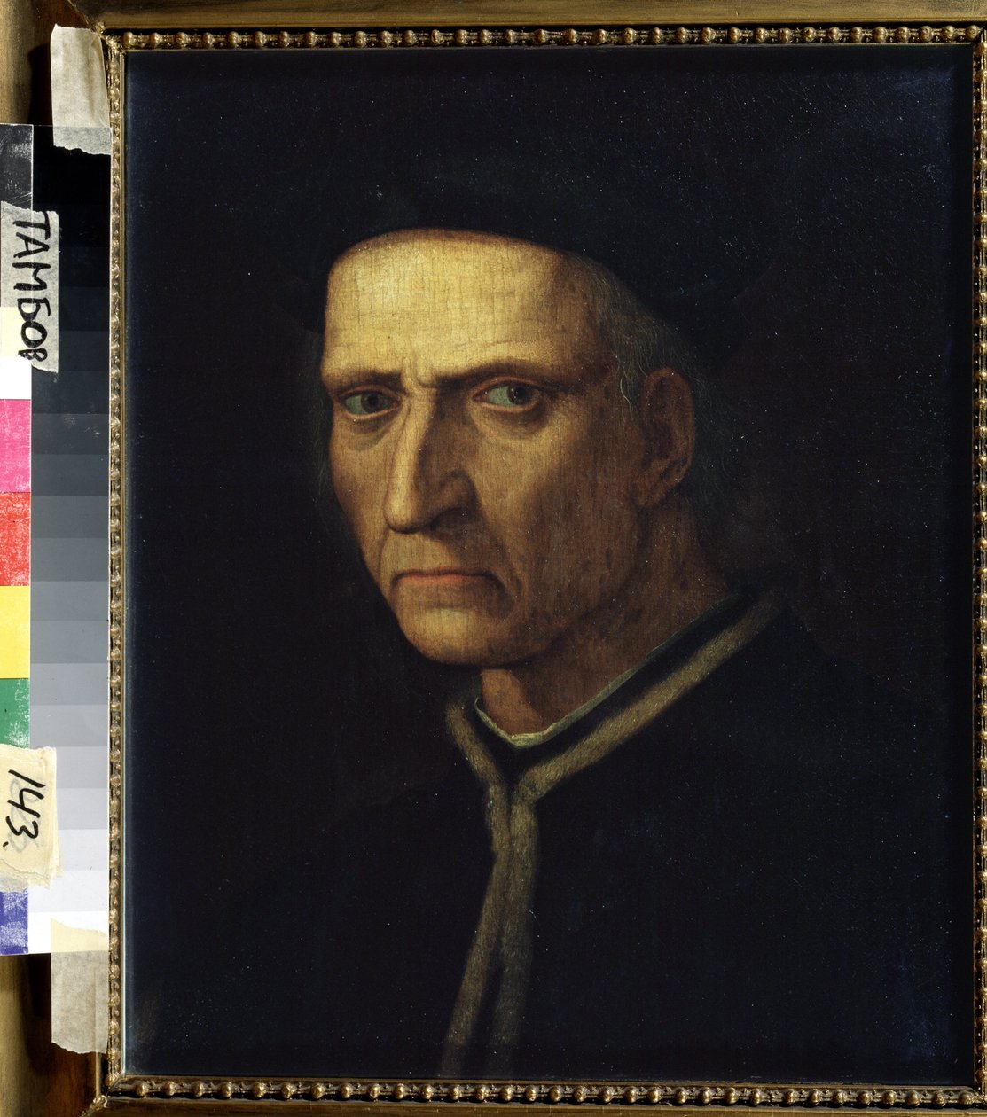 ""Bir Adamın Portresi"". Siyah giyinen adam, sert veya sert (ciddi) bir ifadeye sahiptir. Tablo Ridolfo Ghirlandaio (1483-1561) 16th Century Regional Art Gallery, Tambov, Rusya tarafından by Ridolfo Il  Ghirlandaio