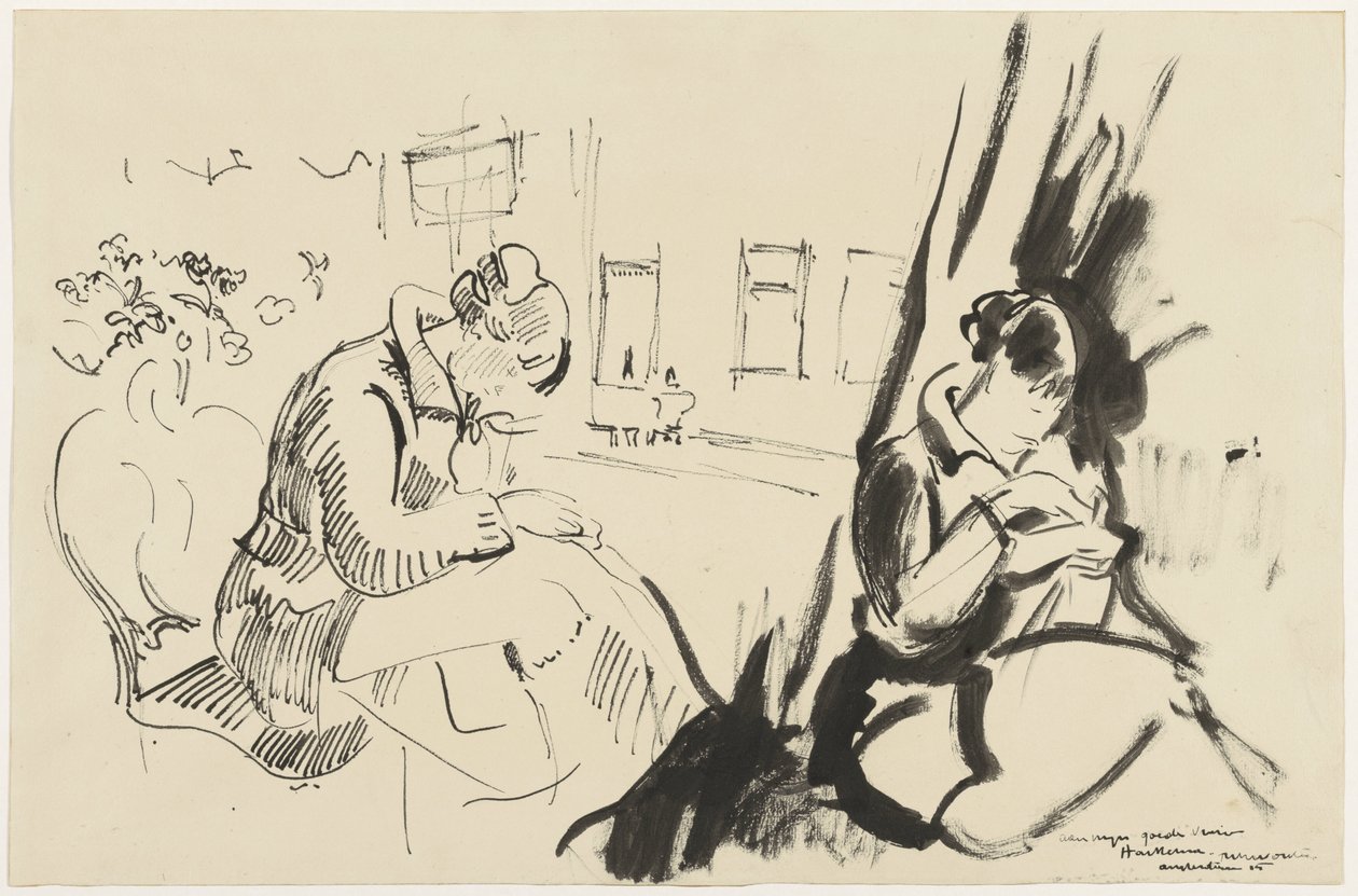 Oturan, dikiş diken bir kadının çalışmaları by Rik Wouters
