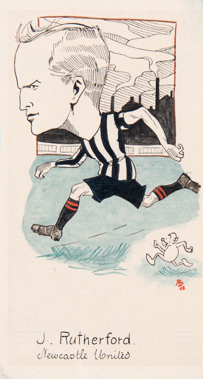 Jock Rutherford, Newcastle United, bir dizi sigara kartı için çizim, 1907 (kart üzerinde kalem ve mürekkep) by Rip