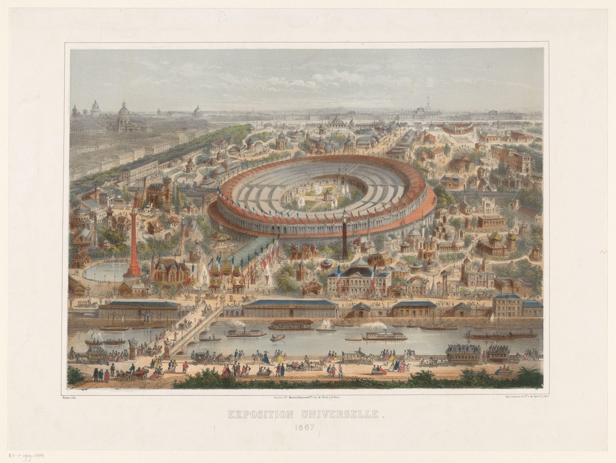 Paris Exposition Universelle'deki 1867 Dünya Fuarı'nın kuşbakışı görünümü. 1867 (nesne üzerindeki başlık) by Rivière
