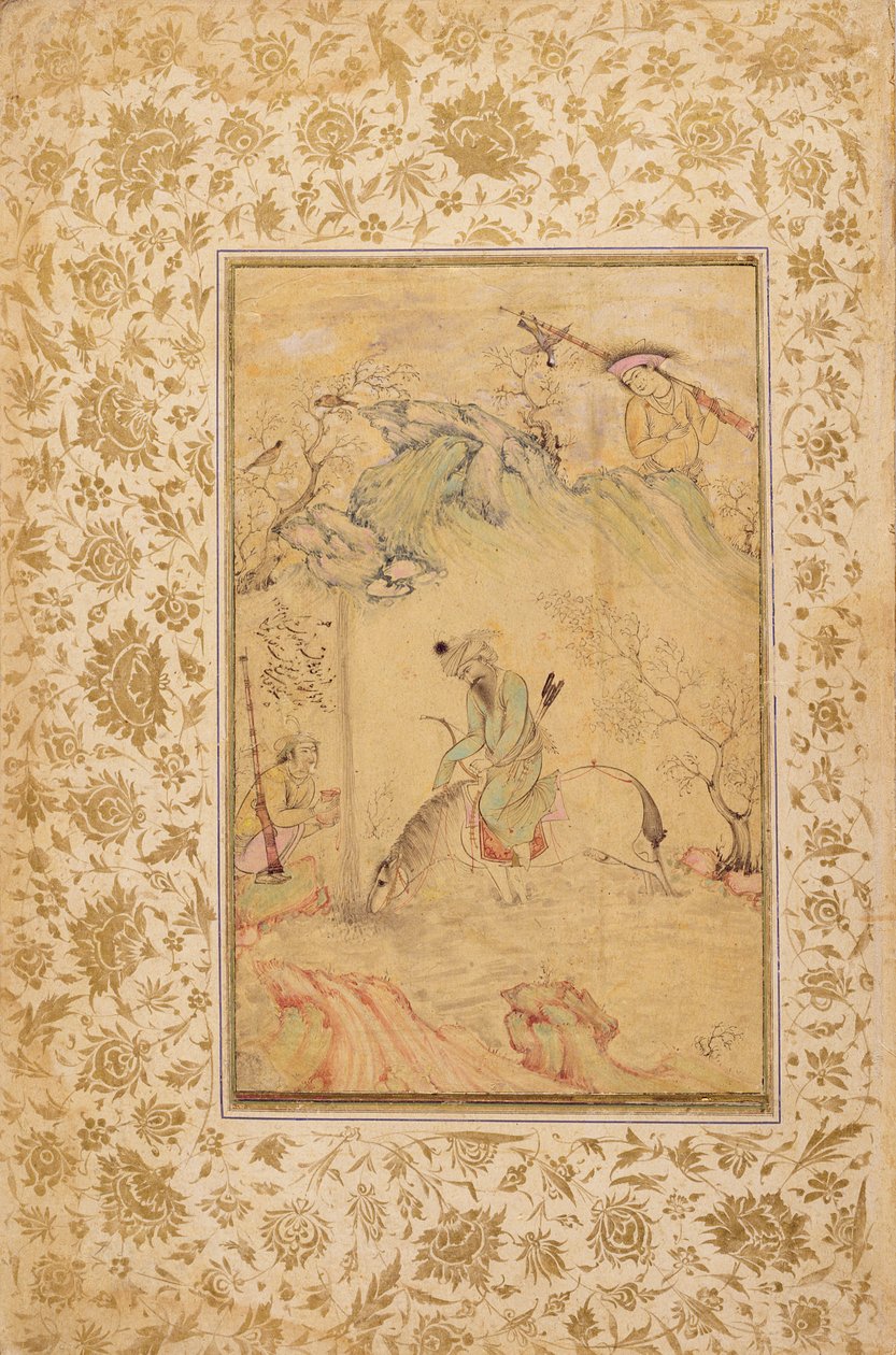 Manzaradaki Avcılar, c.1615 (kağıt üzerinde mürekkep, wc ve altın) by Riza i Abbasi