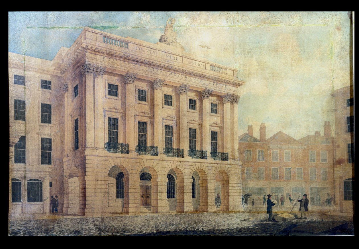 County Fire Office on Regent Street, Londra, 1819 (kağıt üzerinde kalem & mürekkep ve wc) by Robert Abraham