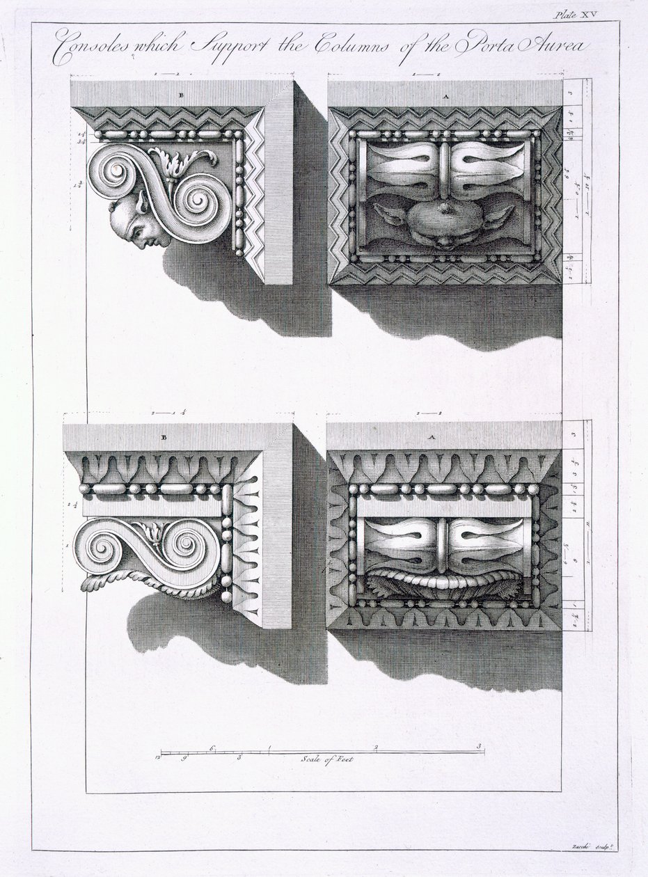 Porta Aurea'nın sütunlarını destekleyen konsollar, 'Dalmaçya'daki Spalatro'daki İmparator Diocletianus Sarayı Harabeleri'nden, 1764'te yayınlandı by Robert Adam