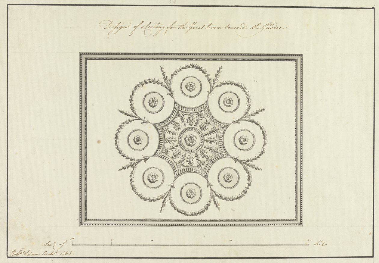 Büyük Odanın tavanı için tasarım, Langford House, 1765 (kalem, kağıt üzerinde gri yıkama ile siyah ve kahverengi mürekkep) by Robert Adam