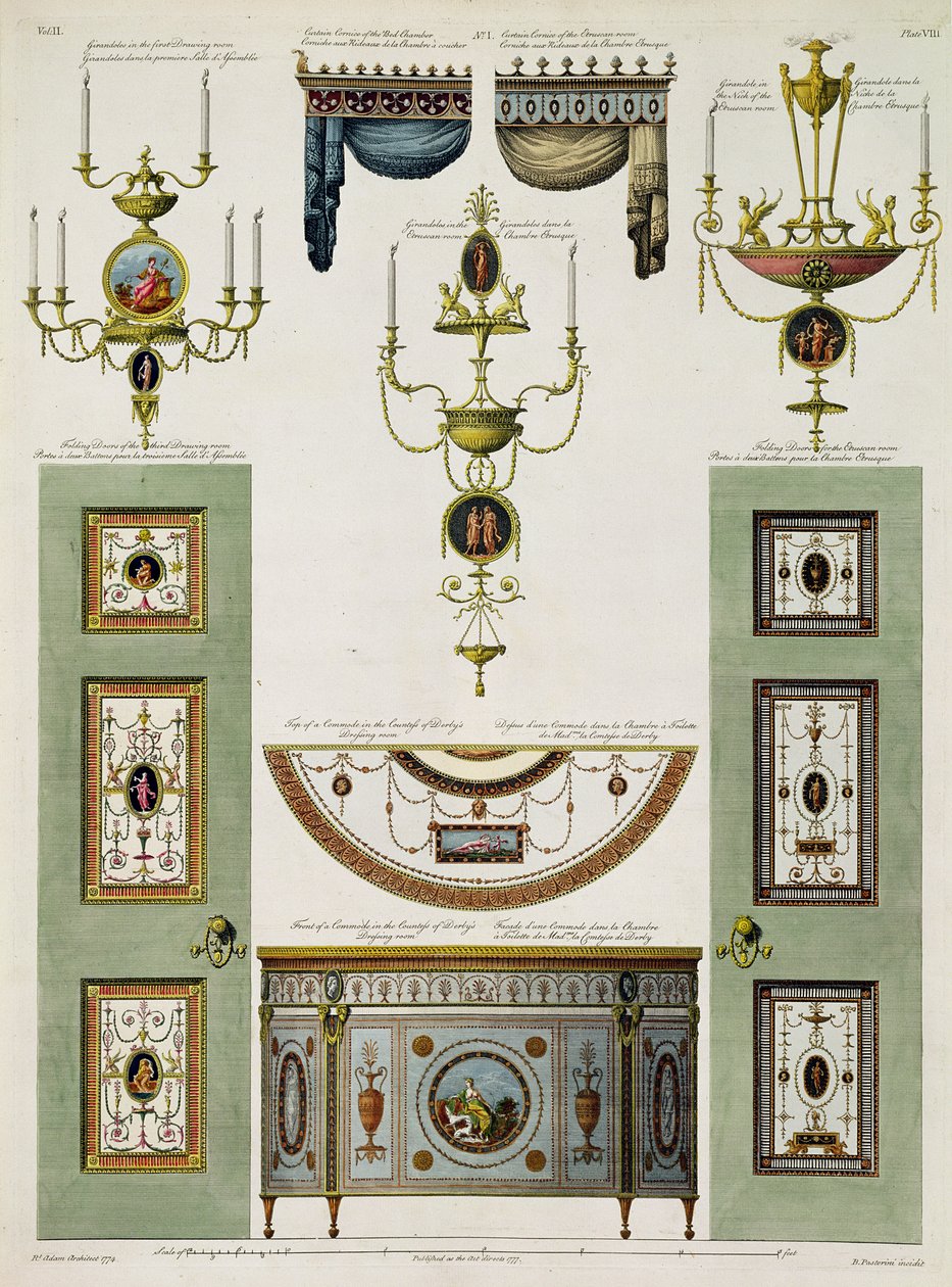 Perde kornişleri, girandoles ve katlanır kapılar için tasarımlar, 1774 (baskı) (detay için bkz. 61958) by Robert Adam