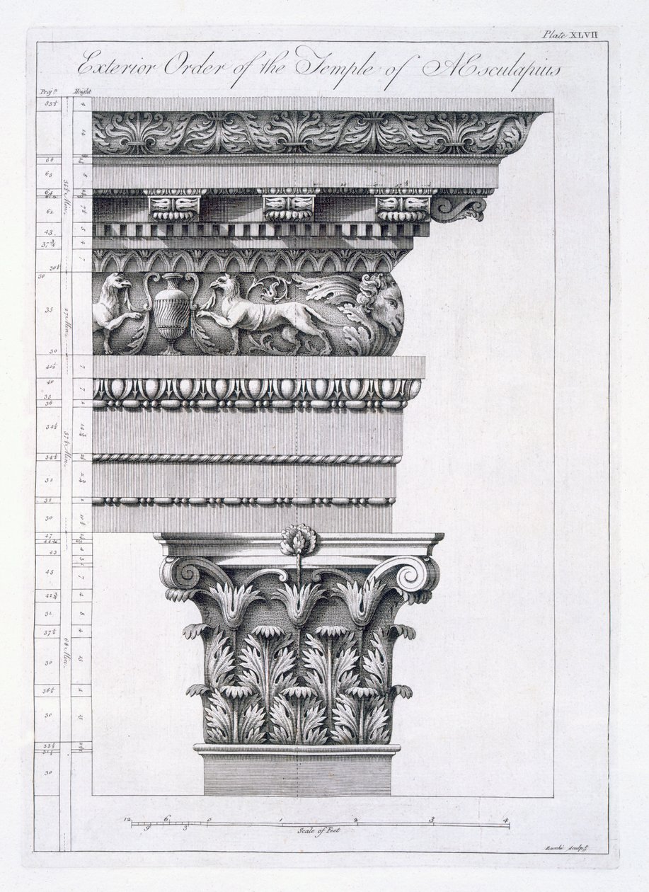 Aesculapius Tapınağı'nın dış düzeni, 'Dalmaçya'daki Spalatro'daki İmparator Diocletianus Sarayı Harabeleri'nden XLVII levhası, 1764'te yayınlandı by Robert Adam