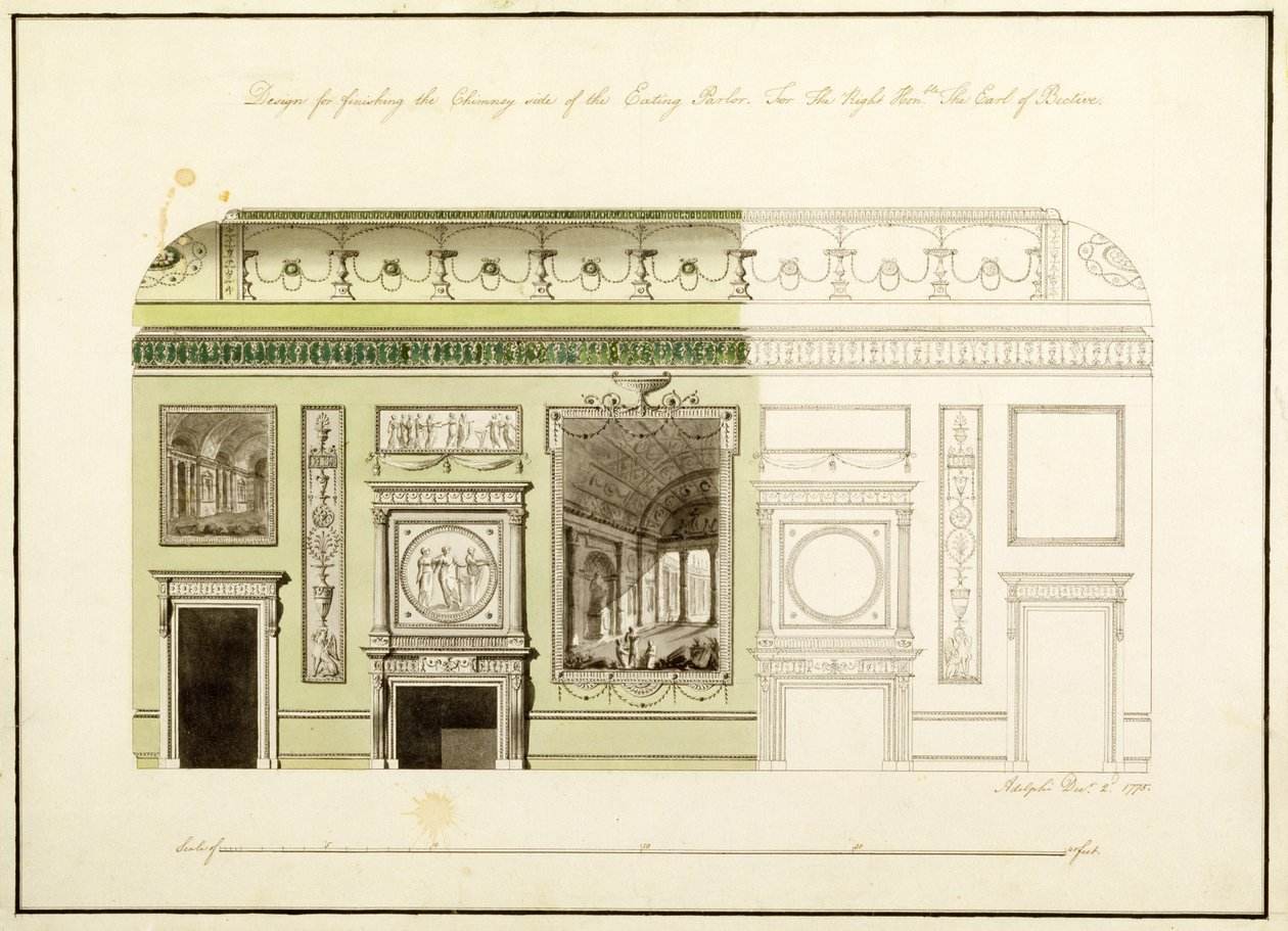 Headfort House, Yemekhane, Baca Parçası, 1775 (wc, kağıt üzerine kalem & mürekkep) by Robert Adam