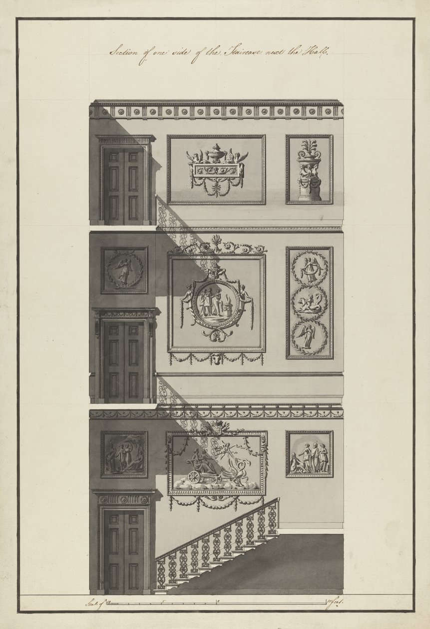 Headfort Evi. Merdiven, yan bölme, 1775 (kağıt üzerine kalem&mürekkep ve wc yıkama) by Robert Adam