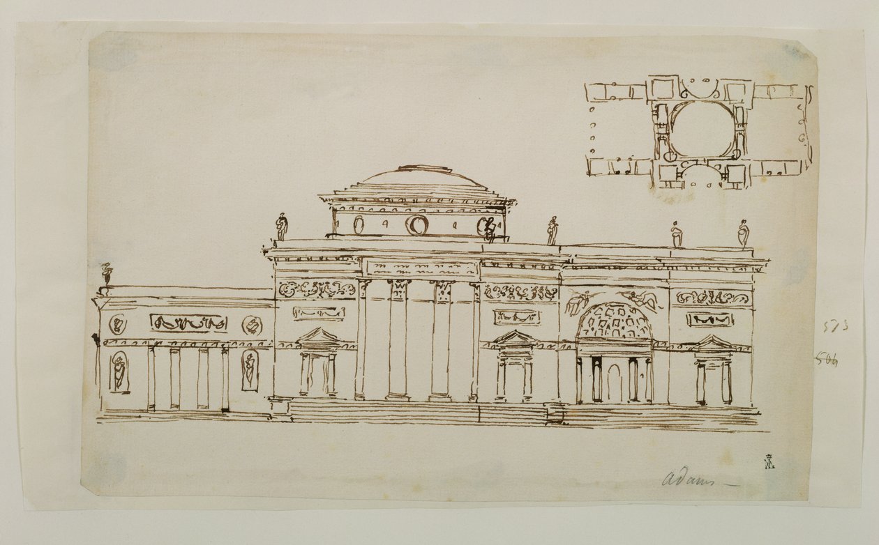 Kubbeli bir bina için kabataslak tasarım (kalem ve mürekkep) by Robert Adam