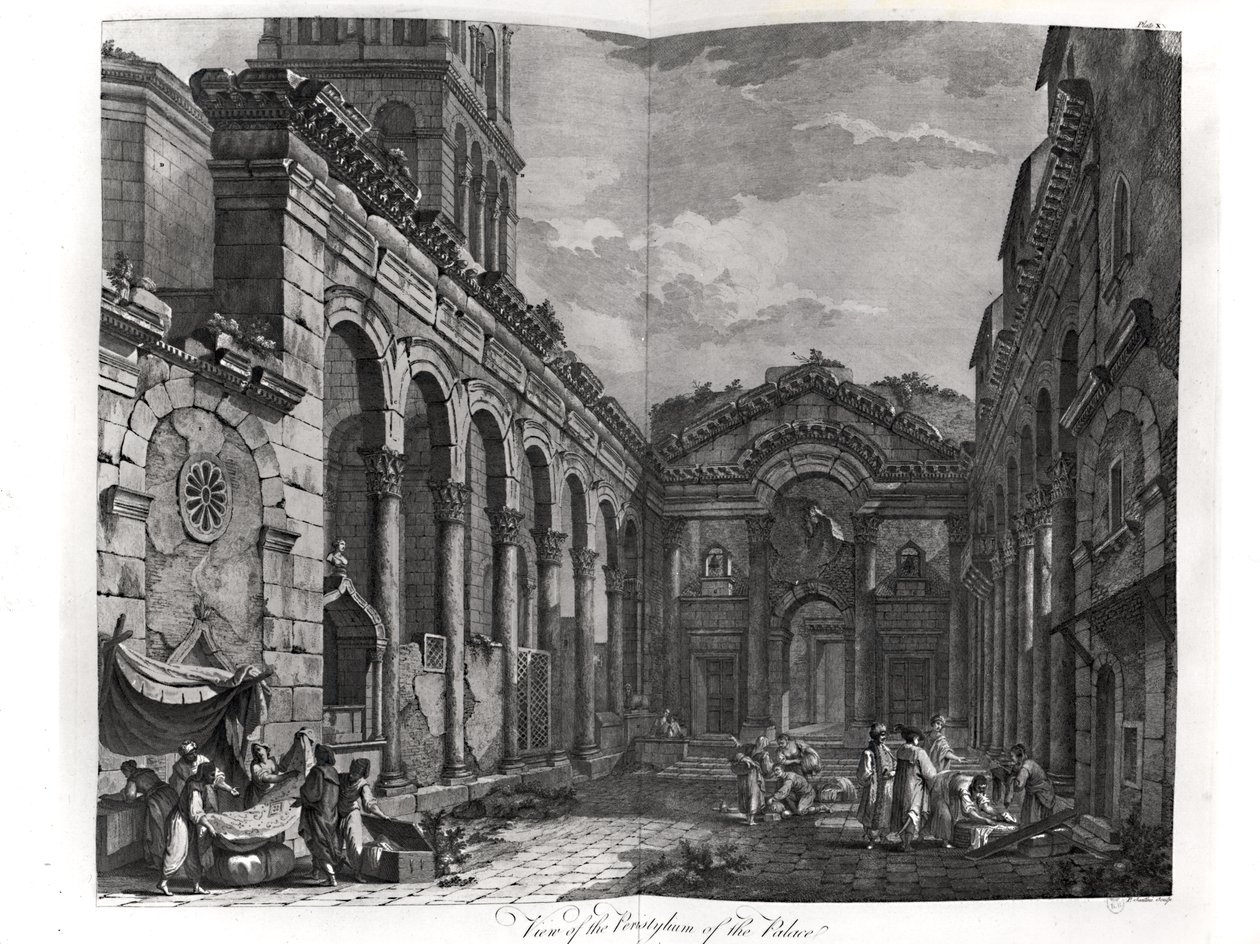 Diocletianus (245-313) sarayının peristilinin görünümü, Roma İmparatoru 284-305, Dalmaçya kıyısındaki Split