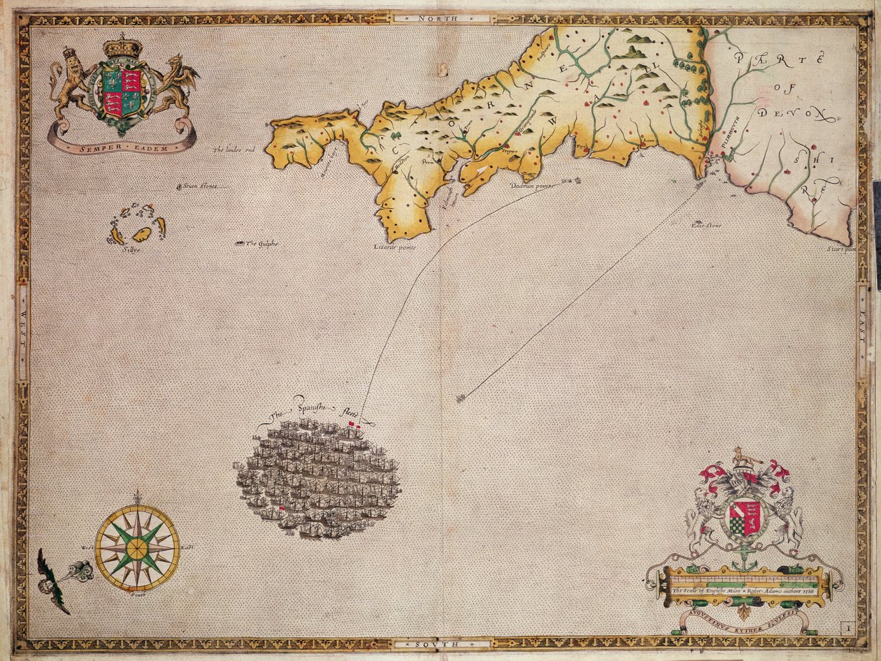Armada filosunun rotasını gösteren Harita No. 1, Augustine Ryther tarafından oyulmuş, 1588 by Robert Adams