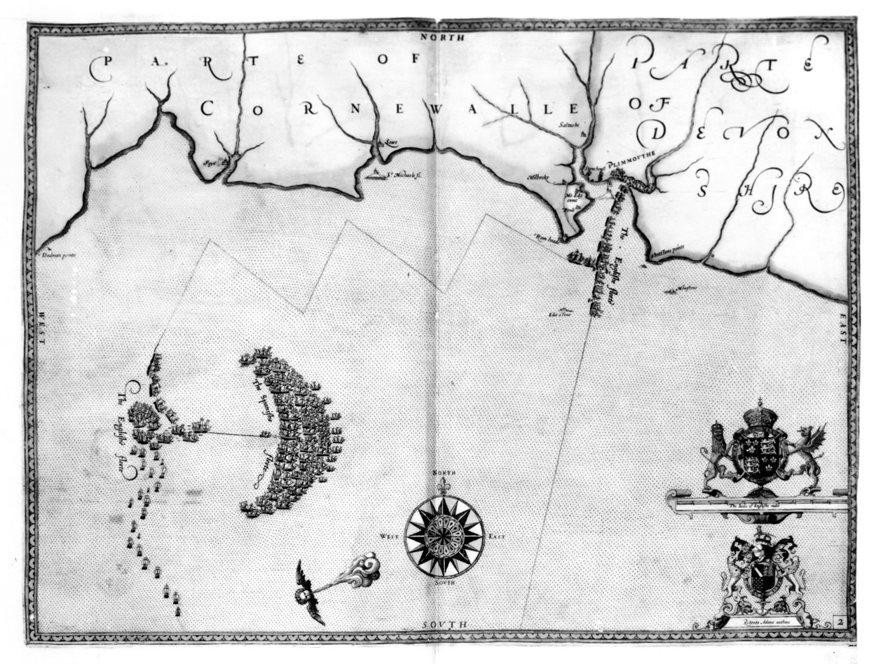 Harita No.2 Armada filosunun rotasını gösteriyor, Augustine Ryther tarafından oyulmuş, 1588 by Robert Adams