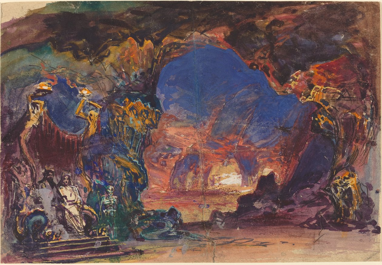 Enthroned Bir Erkek ve Kadın ve Daimi Ölüm Muhafızları ile Yeraltı Dünyası Sahnesi (dokuma kağıt üzerine kalem ve siyah mürekkeple wc ve guaj) by Robert Caney