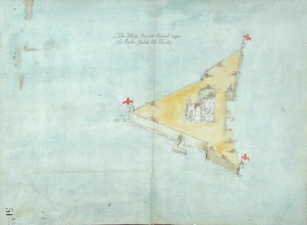 Yığın denilen Kaya Üzerine Yerleştirilen Castell Perrott, c.1597-1601 (keten ile desteklenmiş kağıt üzerine tuvalet, kurşun kalem ve tükenmez kalem ve mürekkep) by Robert Devereux