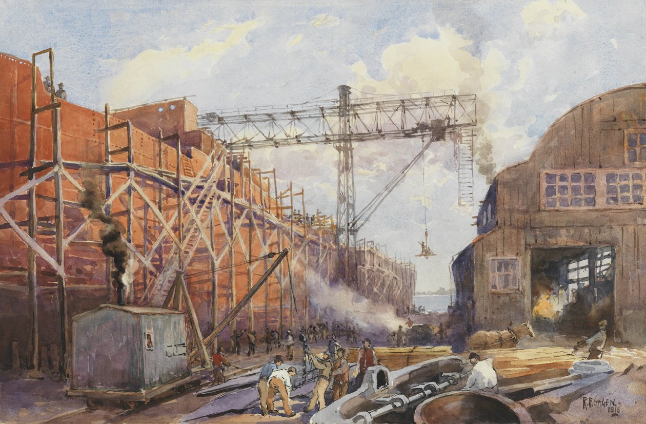 Polson Iron Work Yard, Stoklar Üzerine Gemi Savaşı Hydra, 1918 by Robert Ford Gagen