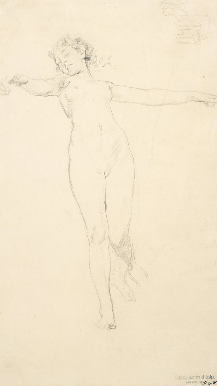 Ayakta duran çıplak kadın taslağı, muhtemelen Moods to Music duvar resmi için, 1893-95 (devetüyü dokuma kağıt üzerinde grafit) by Robert Frederick Blum
