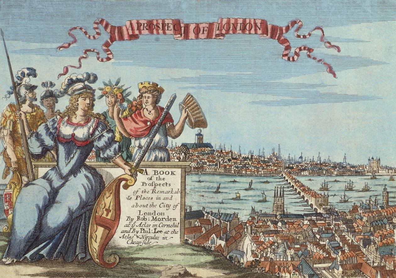 A Prospect of London, Londra Şehri ve Hakkındaki Olağanüstü Yerlerin Beklentileri Üzerine Bir Kitaptan Frontispiece, c.1700 by Robert Morden
