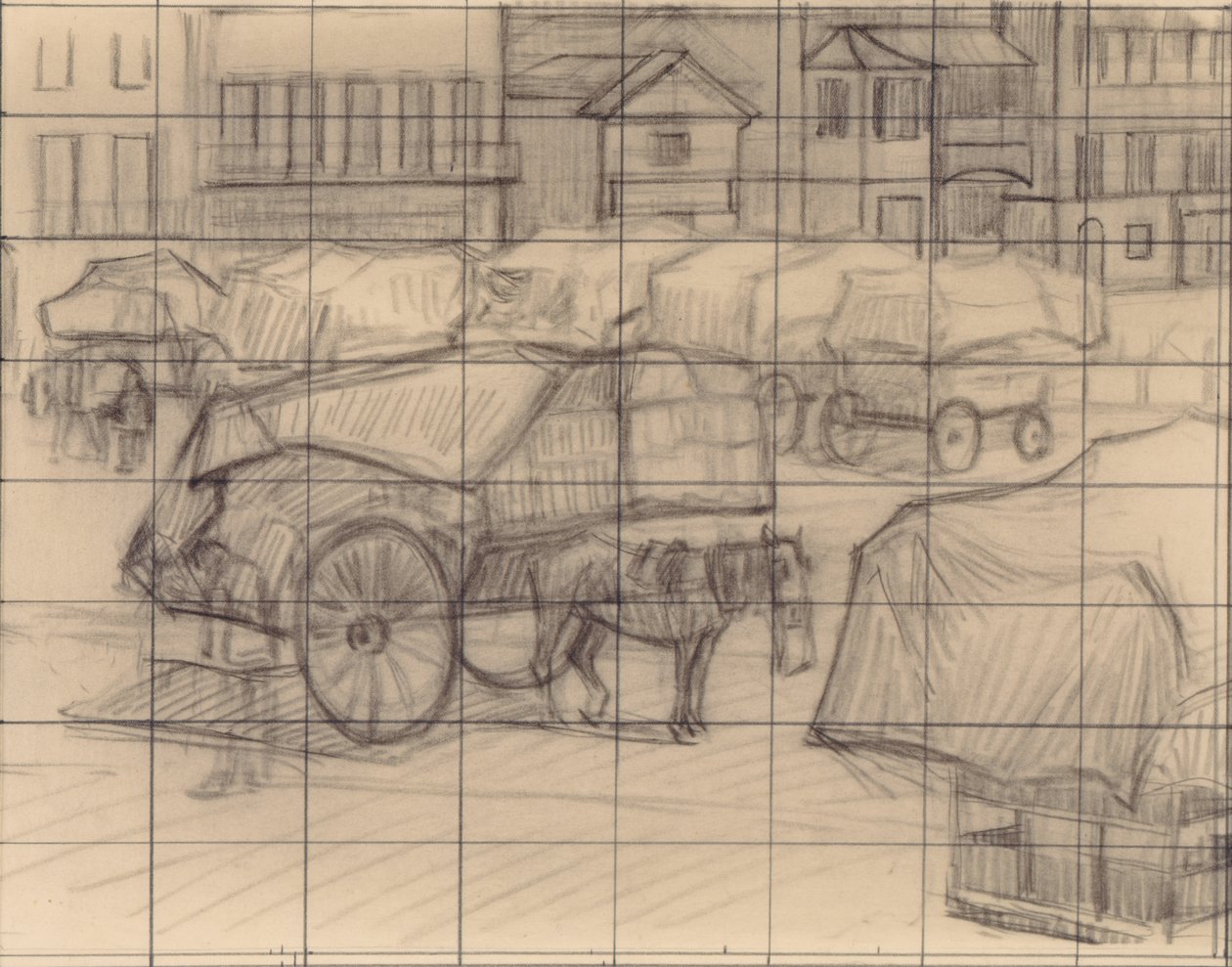Hay Cars, Cumberland Market, c.1915 (kağıt üzerine pastel boya) by Robert Polhill Bevan