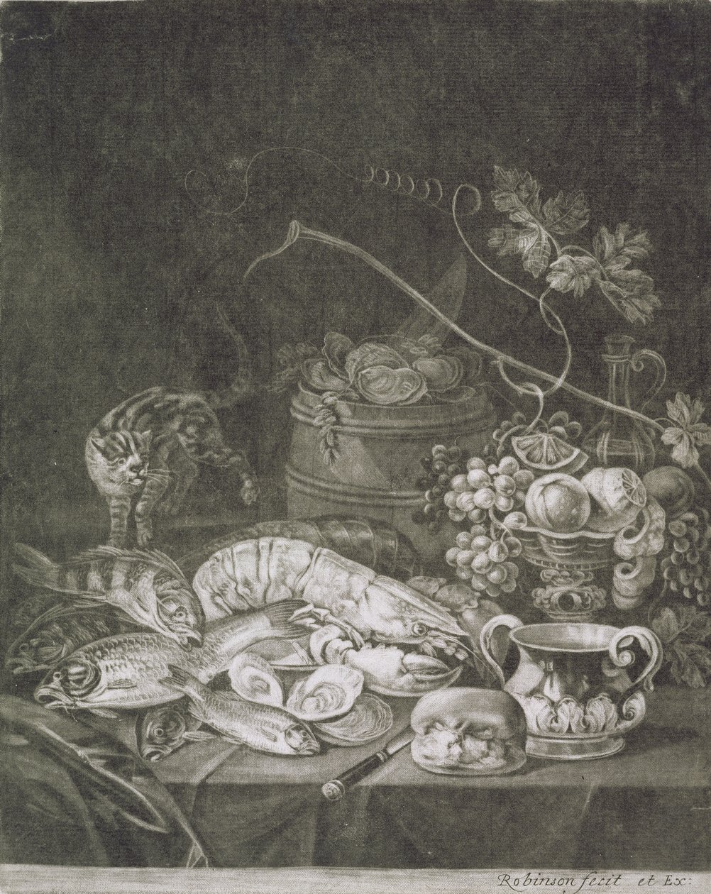 Istakoz, Balık ve Kedili Ziyafet Parçası (yakma işi ile mezzotint) by Robert Robinson