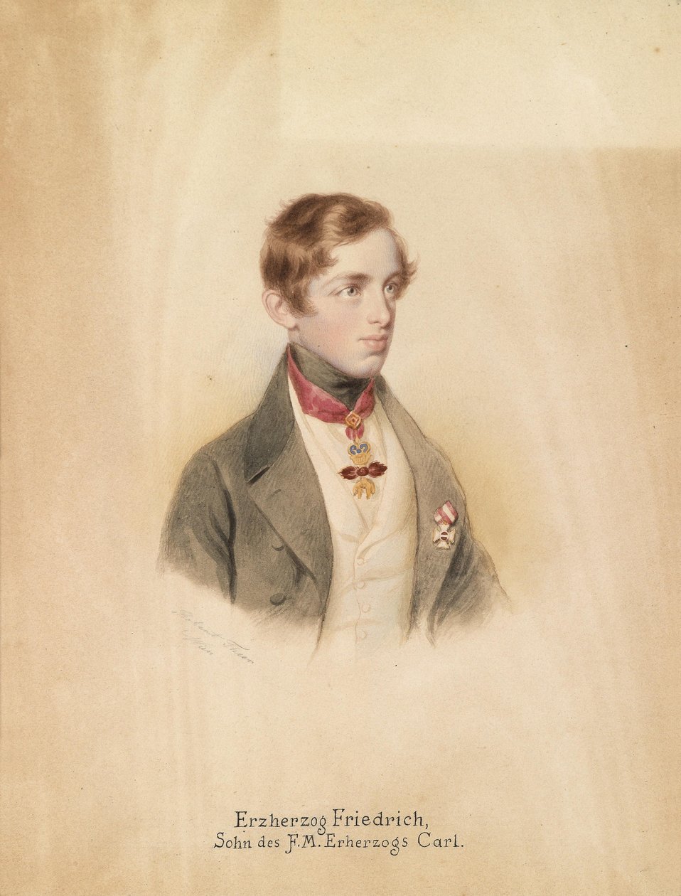 Portrait des Erzherzogs Friedrich Ferdinand Leopold von Österreich (1821-1847) mit dem Orden vom Goldenen Vlies und dem Ritterkreuz des Militär-Maria Theresien-Ordens by Robert Theer