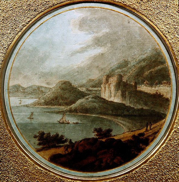Gemilerle dolu bir deniz körfezinin üzerindeki kale, c.1775 (kağıt üzerine suluboya ile kalem ve mürekkep) by Robert (attr. to) Adam