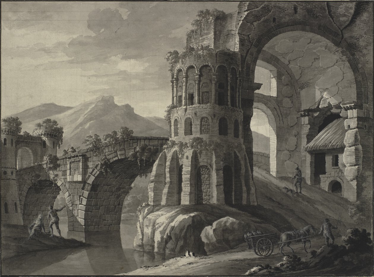 Mimari fantezi. Ortaçağ kuleleri ile çevrili antik köprünün harabesi by Robert Adam