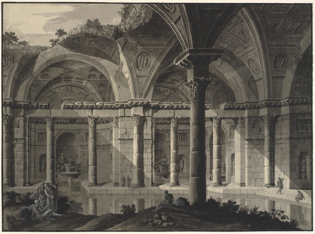 Yıkık çatılı ve figürlü antik bir hamamın mimari fantezisi by Robert Adam