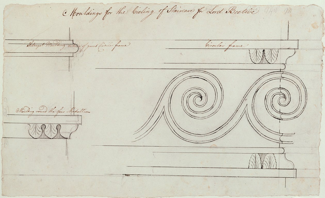 Design for the mouldings on the staircase, Headfort House, 1772 (pen und black ink over graphite on paper) by Robert Adam