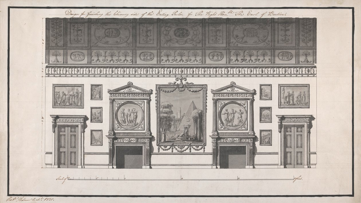 Headfort House, Yemekhane, Baca Yanı (kalem ve siyah mürekkeple kağıt üzerine kurşun kalemle yıkayınız) by Robert Adam