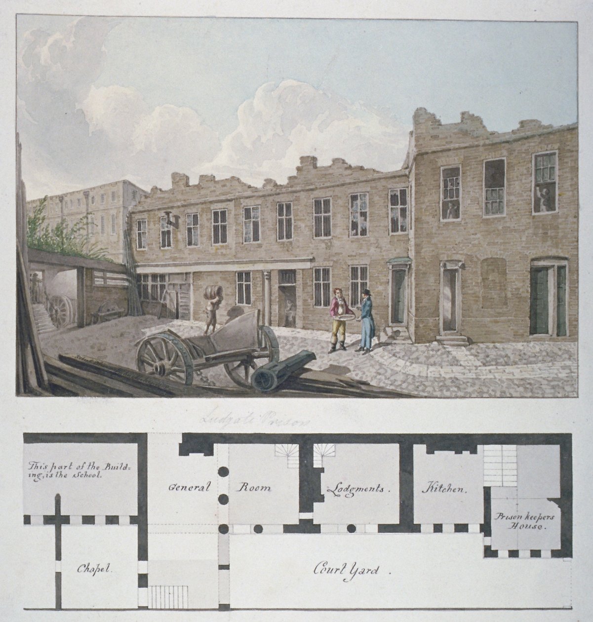 Ludgate Hapishanesi, Londra Yetimhanesi planıyla, Bishopsgate, altında, City of London, 1818 by Robert Blemmell Schnebbelie