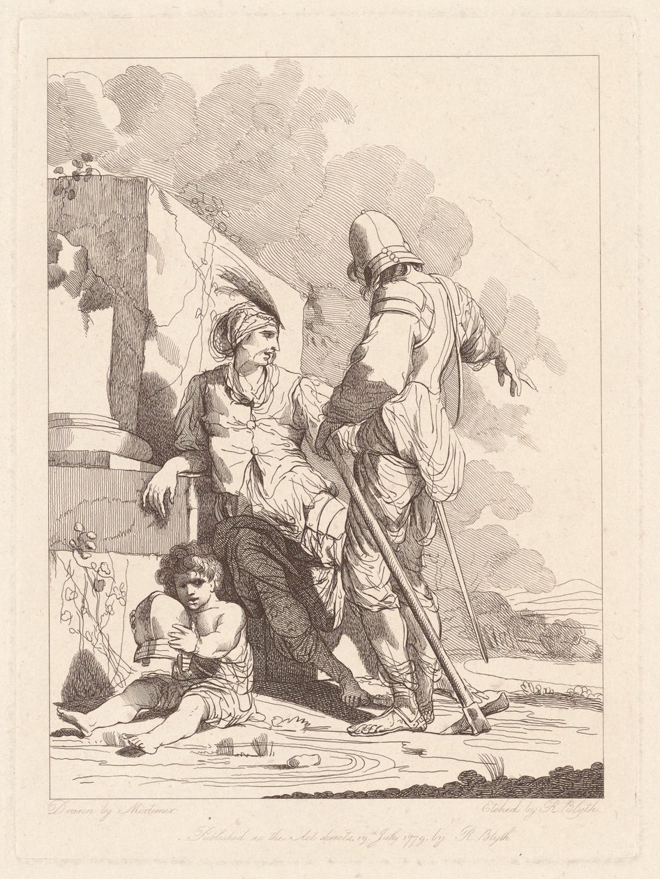 İki Asker ve Kask Tutan Çocuk by Robert Blyth, after John Hamilton Mortimer