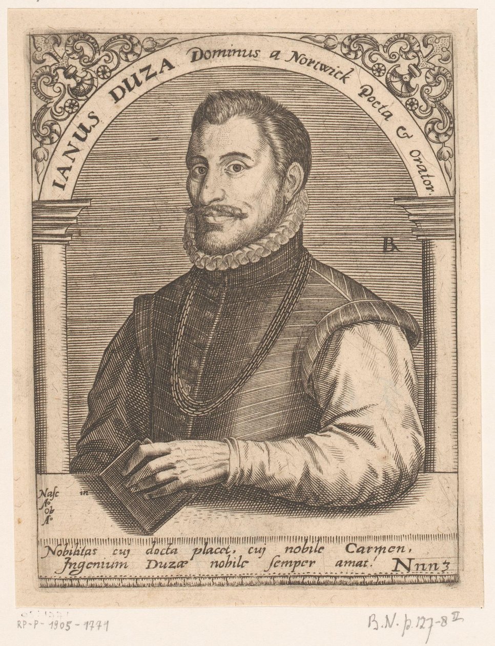 Janus Dousa'nın Portresi Janus Duza Dominus, Nortwick Poeta ve Hatip. (nesne üzerindeki başlık) On beşinci ve on altıncı yüzyıl bilim adamlarının portreleri dizisi (dizi başlığı) by Robert Boissard