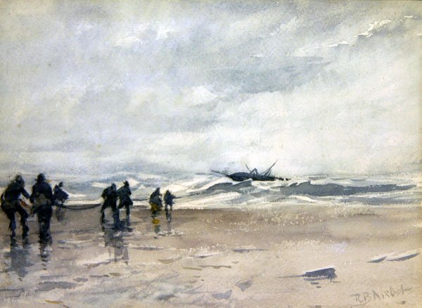 Sıkıntılı bir balıkçı teknesini çeken balıkçılar (kağıt üzerine suluboya) by Robert Buchan Nisbet