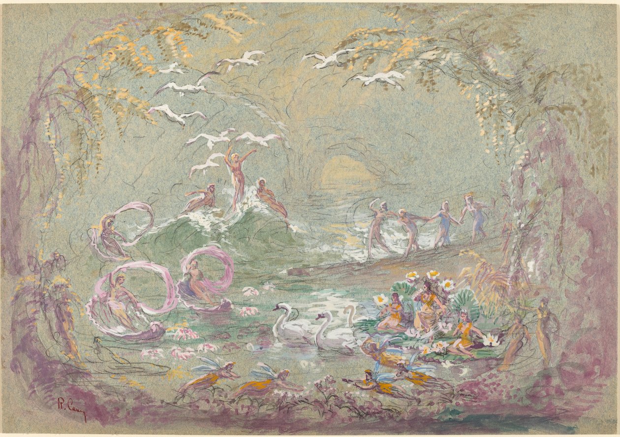 Periler ve Kuğular ile Göl Manzarası by Robert Caney