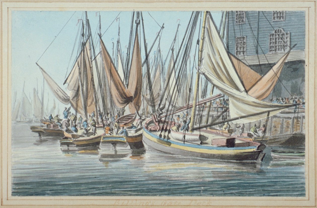 Su üzerinde tekneler ile Billingsgate iskelesinin görünümü, Londra Şehri, 1790. by Robert Clevely