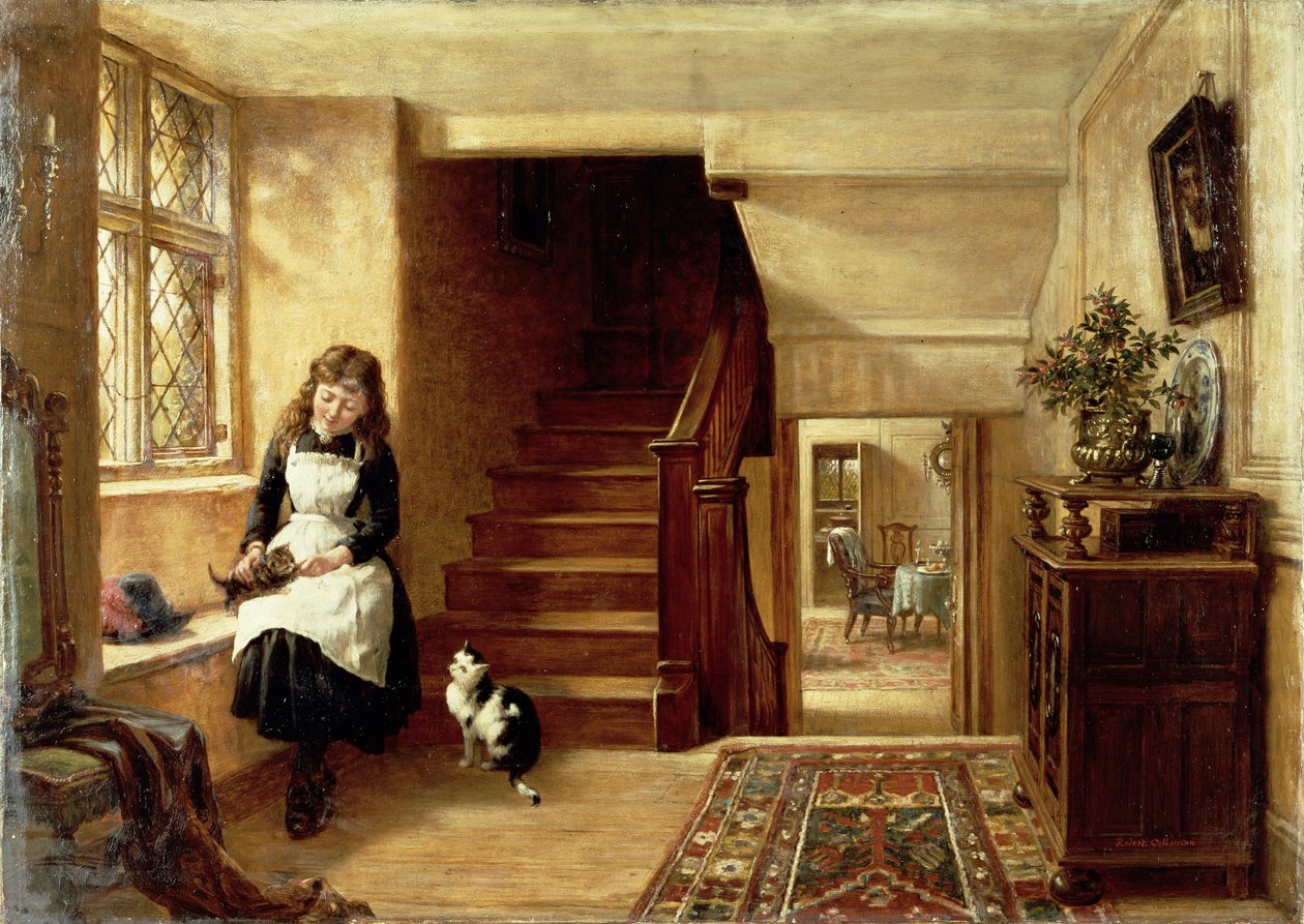 Kedilerle Oynayan Bir Kızla Bir İç Mekan by Robert Collinson