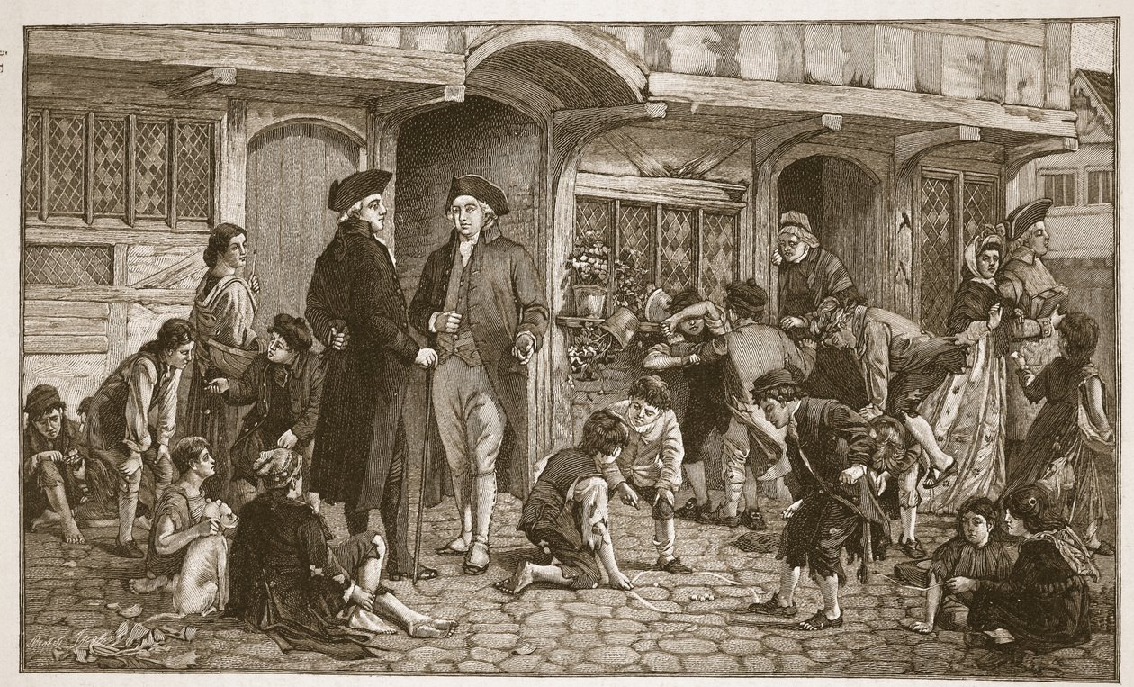 Pazar Okullarının kökeni: Hare Lane, Gloucester, 1780, H.D.M. Spence Jones, pub. c.1910 (sepya fotoğrafı) by Robert Dowling